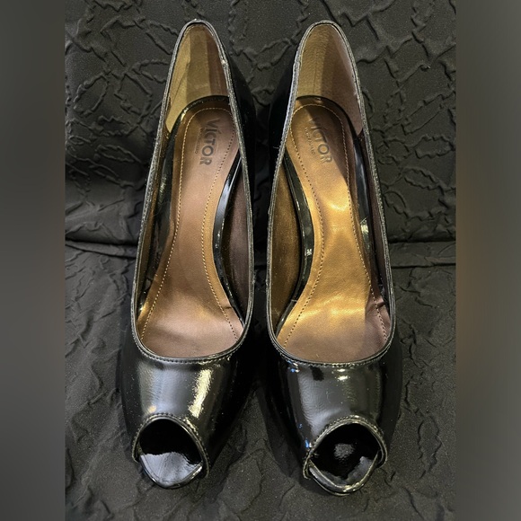 Black Patent Leather Victor Alfaro Peep Toe Heels - Picture 1 of 5
